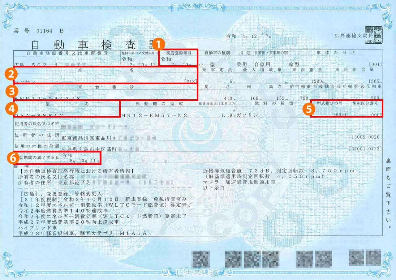 車検証画像と該当項目の図解